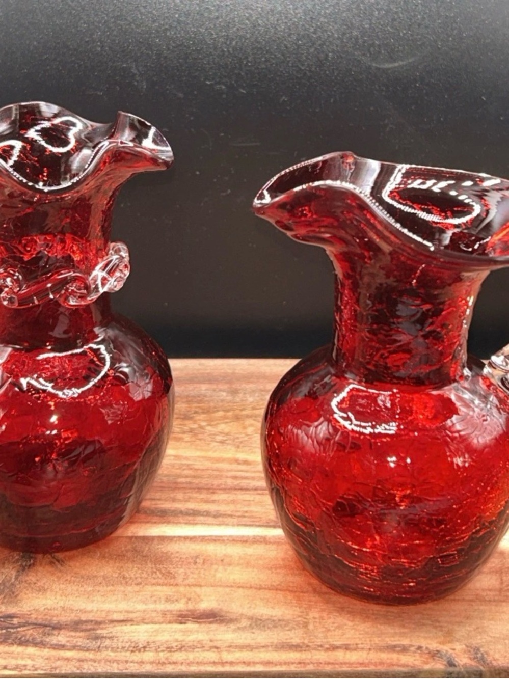 Vintage Ruby Red Crackle Glass Pitcher & Vase Set Ruffled Rim Art Glass